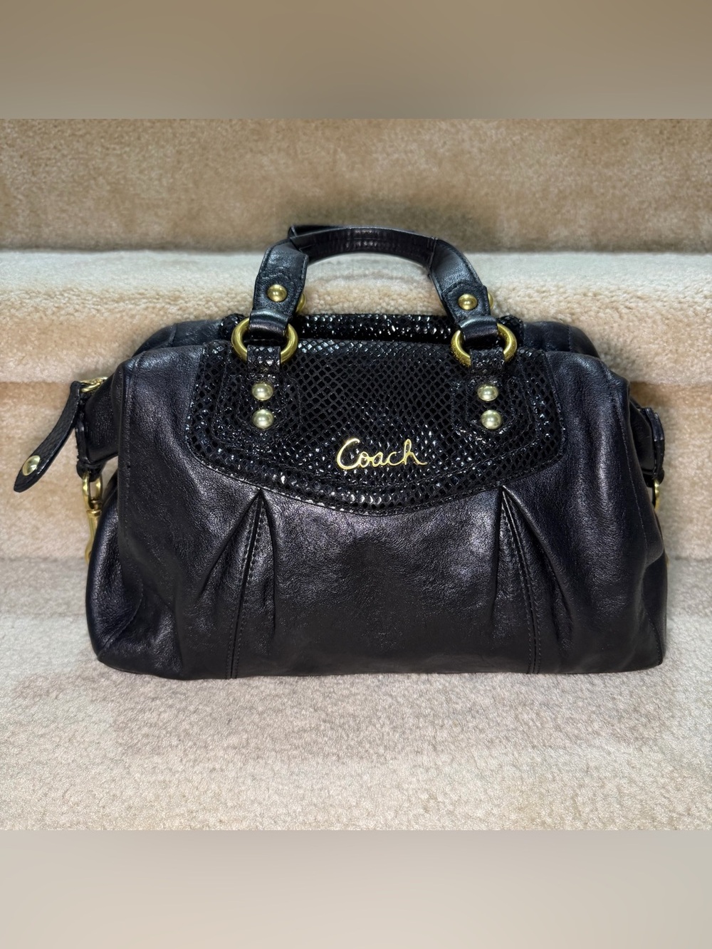 COACH Ashley Black Leather Satchel Python Purse Shoulder Bag 19247 Convertible